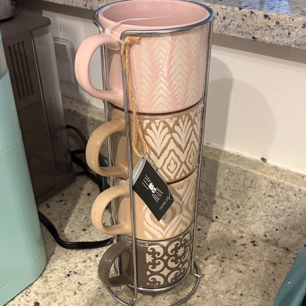 Ceramic Mug Set with Stand - Pink, Tan, and Brown